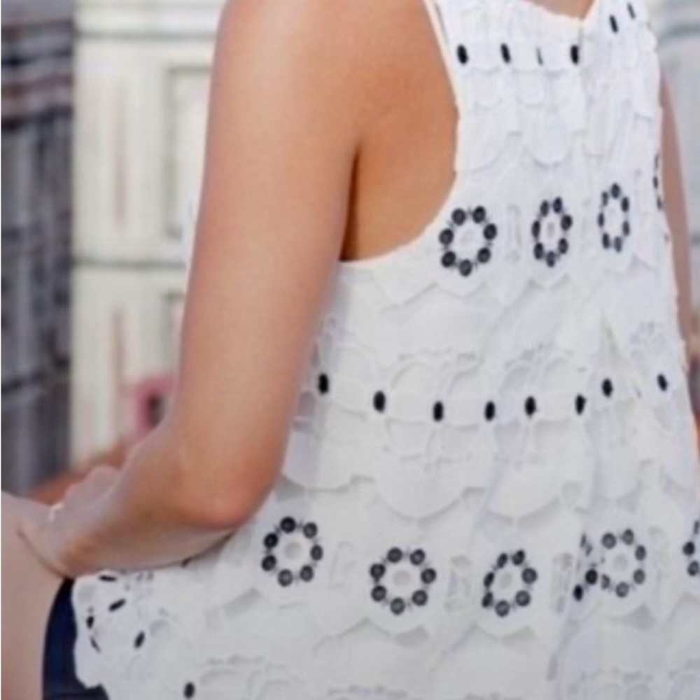 Anthropologie HD in Paris Walina Eyelet Tank top in white and black.
